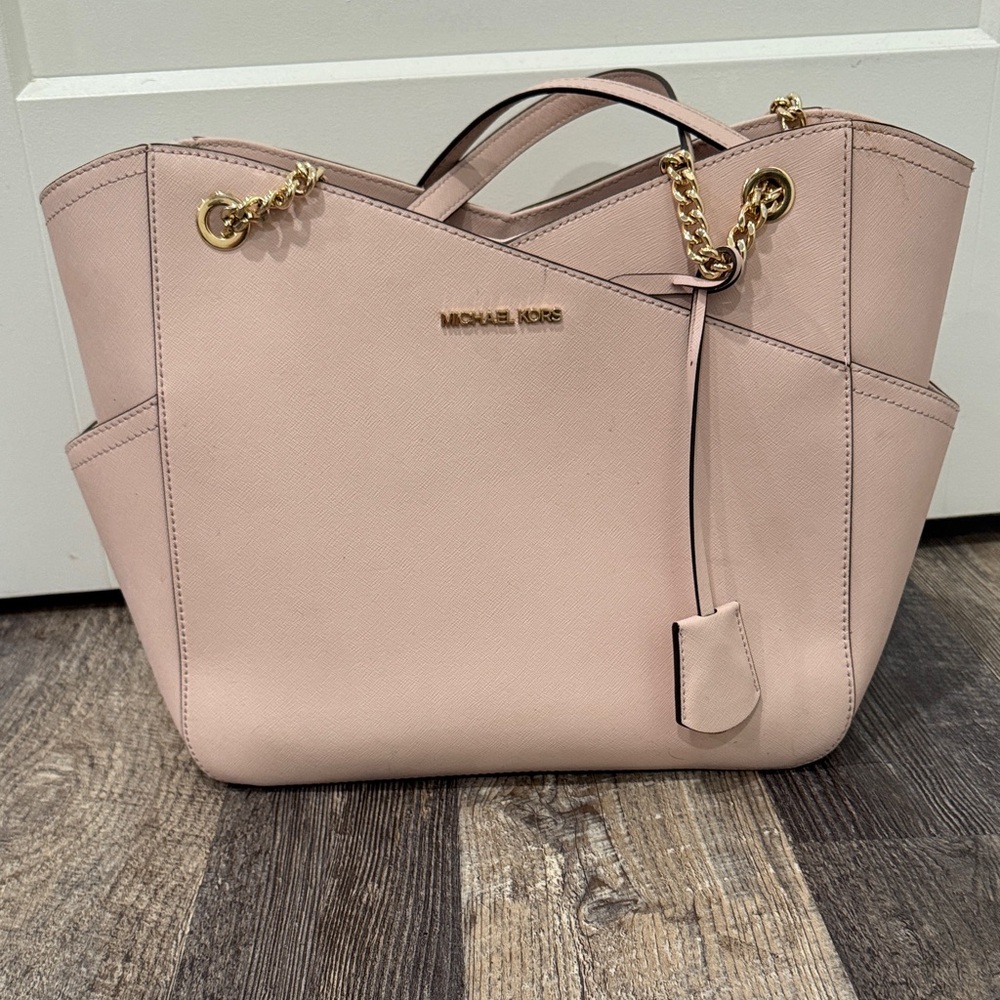 Michael Kors Pale Pink Leather Tote with Gold Chain Handles